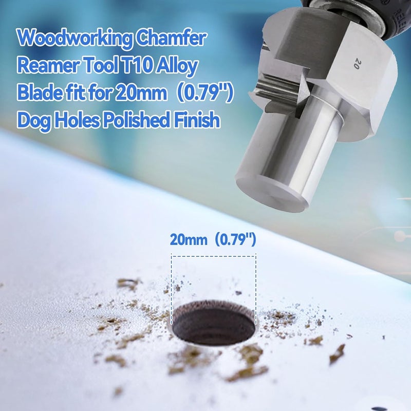 Sywan Dog Hole Chamfer Reamer Tool, Workbench Dog Hole Shaping Trimmer T10 Alloy Blade Stainless Steel 9mm Hex Shank for 19mm/20mm Woodworking Dog Holes Polished Finish for Electric Drills (20mm) - Image 2